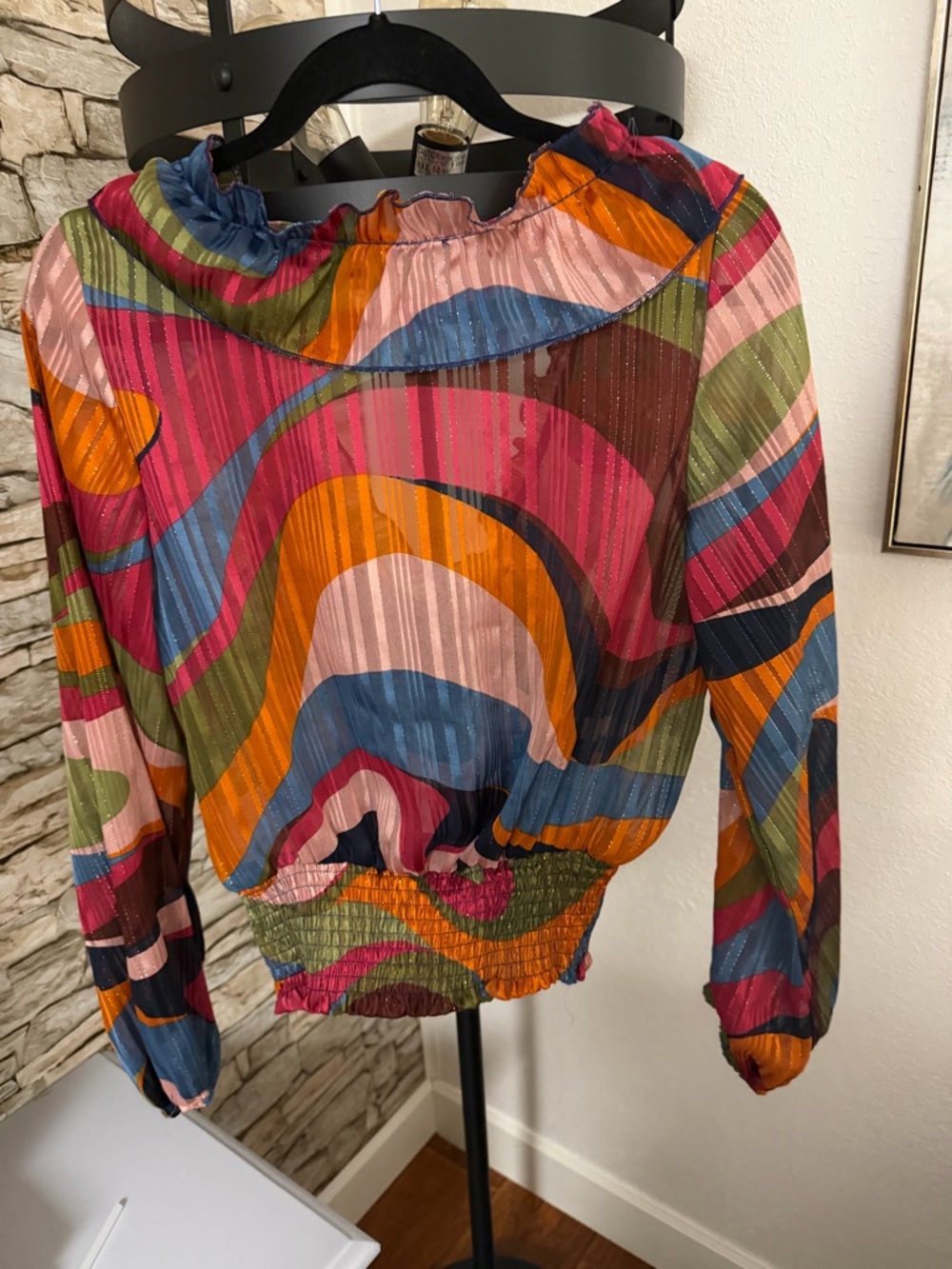 Ruffled V-Neck Long Sleeve Blouse in Multi-Color - Picture 3 of 3